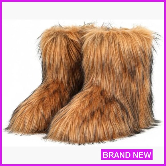 Shoes - Faux Fur Snow Boots Mid-Calf Winter Warm Fuzzy Fluffy Comfortable Outdoor Shoes